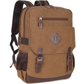Canvas Vintage Laptop Backpack for Women Men, College Bookbag Fits 15.6 Inch Laptop (Coffee-Upgrade)