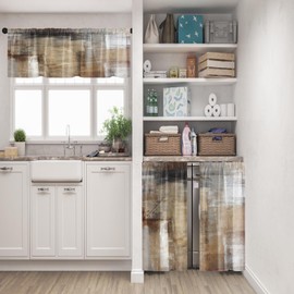 Tayney Brown Kitchen Window Curtains Valance and Tier Set 36 Inch, Grey Beige Modern Rod Pocket Short Tier Curtain, Abstract Art Small Cafe Drapes for Kitchen Decor