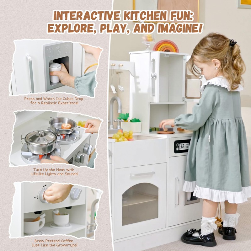 Wooden Play Kitchen for Toddlers and Kids with Lights &