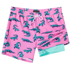 SURF CUZ Mens Swim Trunks with Compression Liner Mens Swimming Trunks 5 Inch Bathing Suit with Zipper Pockets Quick Dry Swim Shorts 01 A Pink Crocodile Medium