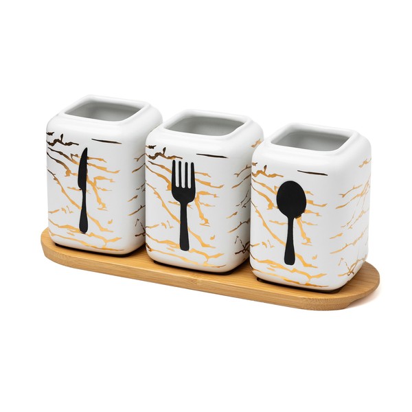 Faidely 3 Pieces Ceramic Utensil Holder with Wooden Tray for