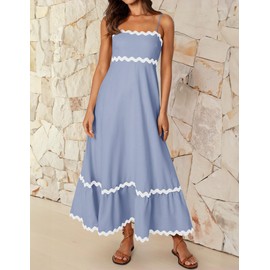 ZESICA Women's 2025 Summer Spaghetti Straps Sleeveless Backless Sundress Flowy Smocked Lace Swing A Line Midi Dress,Blue,Medium