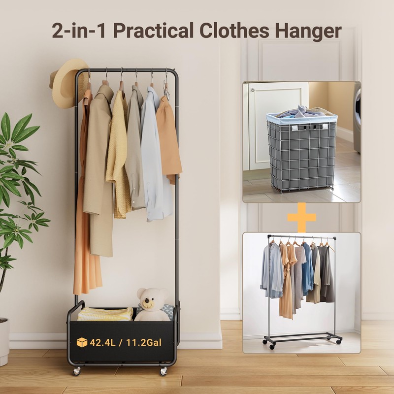 Dunatou Small Clothes Rack with Wheels, Heavy Duty Metal Garment