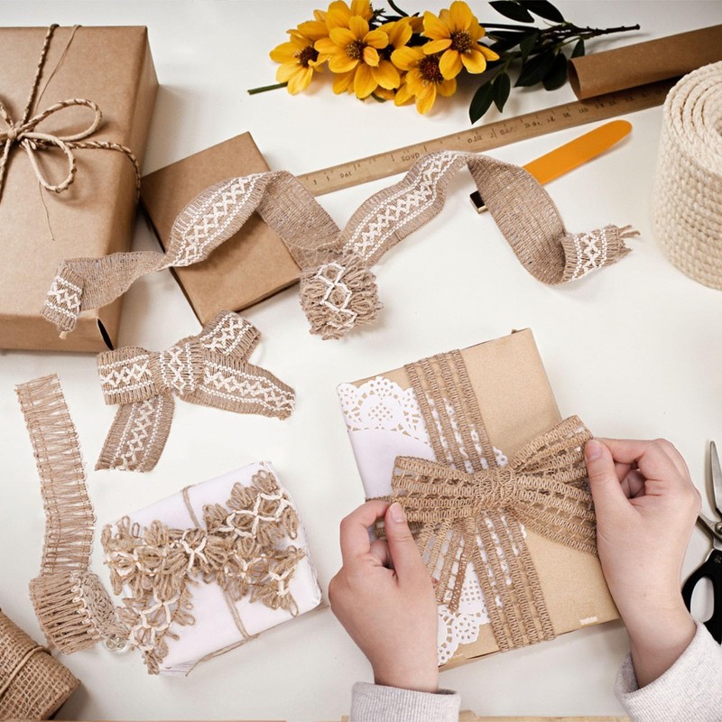 VGOODALL 7 Rolls Burlap Ribbon, Natural Jute Ribbons Lace Mesh