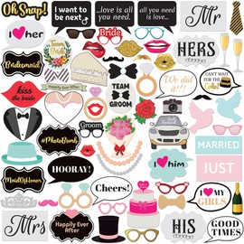 Wedding Photo Booth Props - 70 Pieces, Multicolored - Fun Photoshoot Party Selfie Accessories - Silly Group Picture Favors for Wedding Reception, Anniversary, Engagement, or Shower