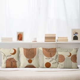 ASDCXZ Boho Cushion Cover 40 x 40 cm Set of 4 Abstract Boho Style Leaves Day Month Sofa Cushion Cover Decorative Cushion Covers Washable Polyester Flax Textile Outdoor Cushion Pillow Case