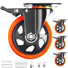 Casters Set of 4 Heavy Duty,5 Inch Caster Wheels with Brakes, Swivel Top Plate Casters No Noise Locking Castor with Polyurethane Wheels for Cart, Furniture,Workbench,Cabinet(Two Hardware Kits Include)