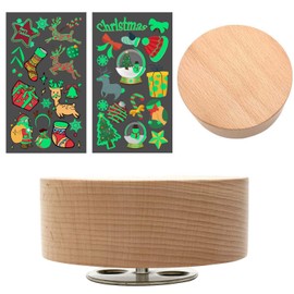 Pursuestar Jingle Bells Rotating Music Box with Tattoos Stickers, 10cm Round Solid Wood Wind Up Musical Gift for Women Girls Christmas Desktop Display Model Kits Holder