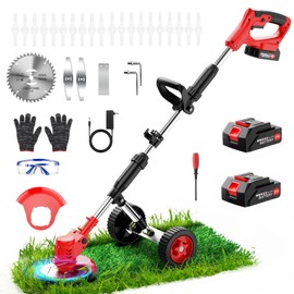 Electric Weed Wacker Cordless with Wheels,21V 2×2000mAh Weed Eater Battery Powered, 6-inch Cordless String Trimmer with 3 Types of Blades, Electric Grass Trimmer,Lawn Edger, Mower for Yard,Garden