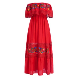 IBTOM CASTLE Cinco de Mayo Dress for Women: Ladies Traditional Fiesta Mexican Dress Off Shoulder Floral Embroidered Long Maxi Dress Folklorico Ethnic Summer Hawaii Beach Dresses with Belt Red M