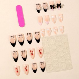 24Pcs Cute French Tip Press on Nails Almond Medium Fake Nails with Glue Cute Strawberry Bow Pearl Nail Design Artificial Stick on Nails Glossy Almond Acrylic False Nails for Women Manicure Accessories