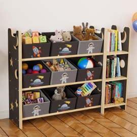 yoopin Toy Storage Organizer with 3 Shelves and 9 Bins, Black Starry Sky Bookshelf and Bookcase for Kids, Playroom Toy Bin Shelf for Bedroom & Room, 41.9" W