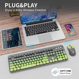 FOPETT Wireless Keyboard and Mouse Combo - 2.4G Full-Sized Cute Colorful Mouse and Keyboard with 104 Round Keys Retro Typewriter Keyboard for Laptop/Windows/PC - Green Gradient