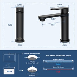 HURRAN Single Handle Bathroom Sink Faucet, Matte Black, Stainless Steel Bathroom Faucets for Single Hole, Modern Vanity Faucet Farmhouse Lavatory Tap with Flexible Supply Hoses