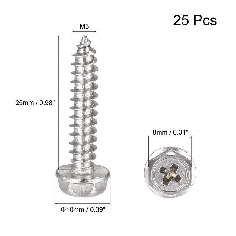 sourcing map Phillips Hex Washer Self Tapping Screws, M5 x