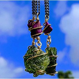 MOLDAVITE & SUGILITE Pendant in Real Gold! 12 Kt Genuine Crystal 19" Necklace. Synergy 12 Tektite Metaphysical Jewelry Meteorite Wire Wrap Stone