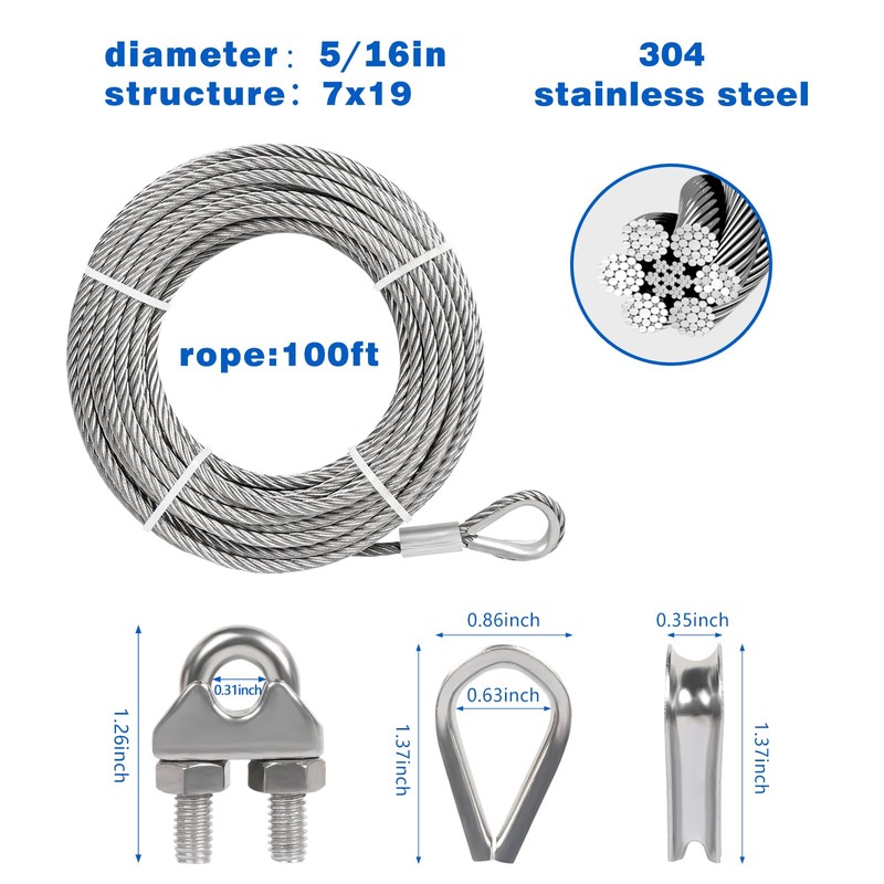 5/16 Stainless Steel Cable, Heavy-Duty 7x19 Wire Rope for Zip