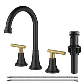 FORIOUS 8 Inch Widespread Bathroom Faucet Black and Gold, 2 Handle Mix Color Rv Matte Black and Brushed Gold Bathroom Sink Faucet 3 Hole, with 360° Rotating Spout, Pop-up Drain, and Supply Line