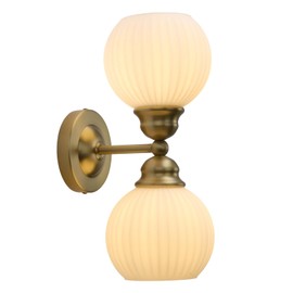 Pathson 2-Light Milk White Wall Sconces Striped Glass, Modern Bathroom Sconces Wall Vanity Light Fixtures Brass Finish, Vintage Wall Sconce Lamp for Mirror Living Room Bedroom Farmhouse Lighting