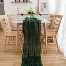 CHUQING Table Runner Cheesecloth Emerald Green Boho Gauze Cheese Cloth Rustic Runner for Wedding Party Decoration,Dark Green,27 x118 Inch