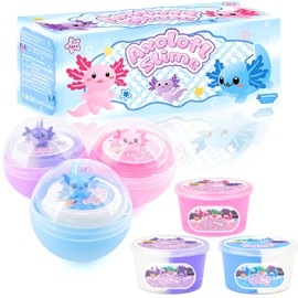 3 Pack Axolotl Slime Kit, Blue Butter, Purple Cloud, Pink Crunchy Slime with Axolotl Charms, Soft, Stretchy, Slime Party Favor for Girls & Boys, Classroom Rewards, Birthday Gifts for Kids