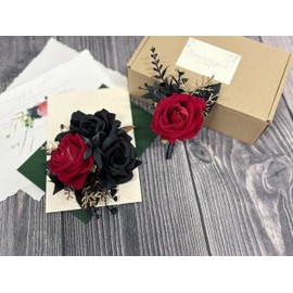 DESUNESS Wedding Flower Set with Rose Corsage and Boutonniere for Men (Black & Red)