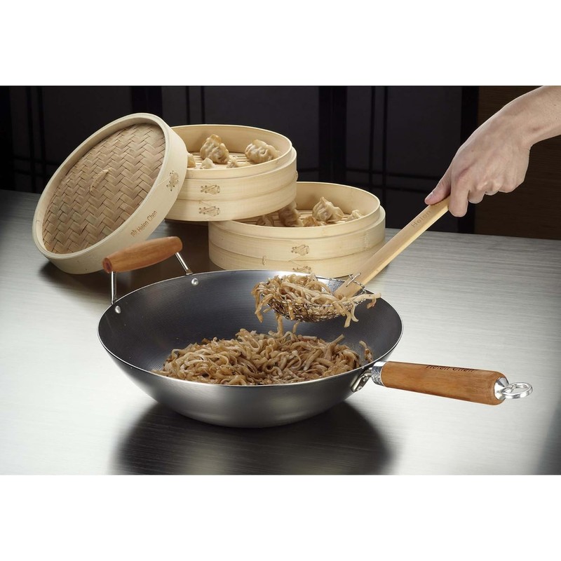 Helen's Asian Kitchen Wok, Carbon Steel and Bamboo, 14-Inches