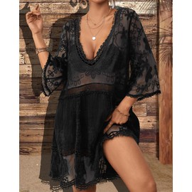 Bsubseach Mujer Vestido Corto de Encaje de Playa Trajes de baño Cover Up Cubrir Bikini Camisola y Pareos para Vacaciones Negro