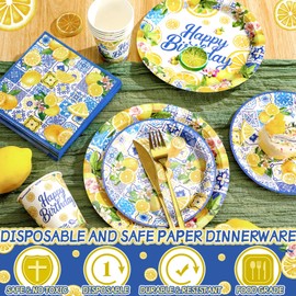 Jingmore 250 Pcs Lemon Birthday Party Decorations Lemon Plates and Napkins Lemon Birthday Party Supplies Set Disposable Plates Napkins and Cups for Bridal Shower Baby Shower Birthday Party Supplies