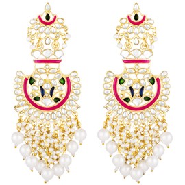 Aheli Ethnic Wedding Party Wear Faux Kundan Studded Enamel Drop Dangle Earrings with Beaded Tassels Traditional Fashion Jewelry Gift for Indian Women