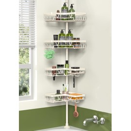 KEGII Shower Corner Caddy Tension Pole, Rustproof Corner Bathroom Organizer, No Drilling Bathtub Shelf for Inside Shower, Waterproof Bathroom Tub Organizer, Fits 25-114.2 Inch Height, Cream White