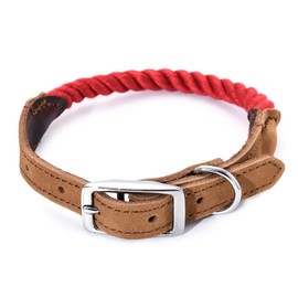 Mile High Life Rope Dog Collar | Durable Braided Cotton Rope Collars | Genuine Leather Dog Collar w Metal Pin Buckle | Classic Puppy Collars for Medium Dog (Red)