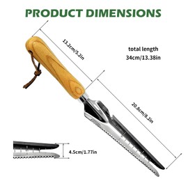 Manual Weed Cutter, Manual Weeder with Wooden Handle, Stainless Steel Head with Measure, Weed Cutter for Removing Weeds, Transplanting, Planting Vegetables, Pruning