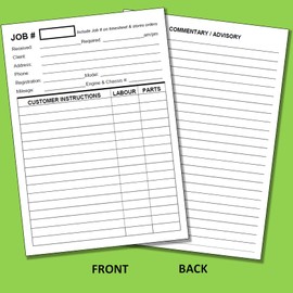 Garage Workshop Repair Job Cards x50 - Pad of Works 50 Job Costing Sheets MOT Two Sided