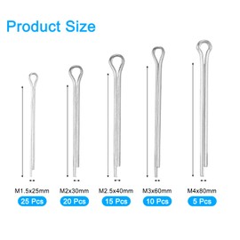 sourcing map 75Pcs 5 Sizes 304 Stainless Steel Cotter Pin Split Pin Assortment Kit, Split Cotter Fastener Clips for Household Appliances, Sports Equipment, Car Mechanics Repair (Silver)