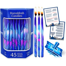 Premium Dripless Hanukkah Candles Thin Tapered Chanukah Candle Set of 45 Enough for Eight Nights of Hanukah Multi Hued Frosted Includes a DIY Dreidel and Prayer Card by Aviv Judaica