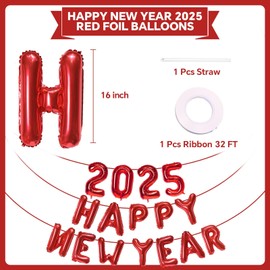 Red Happy New Year 2025 Balloons, 16 Inch 2025 Foil Number Balloons, 2025 New Years Decorations for New Years Eve Party Supplies 2025 New Years Eve Décor