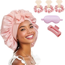 Bonnet for Sleeping Women Satin Double Layer Scrunchies For Thick Hair Sleep Mask Square Claw Clips Satin Silk Hair Bonnet for Sleeping （pink）