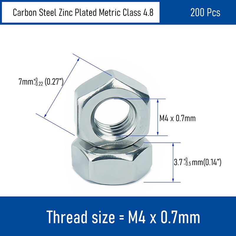 FOCMKEAS 200PCS M4-0.7 Hex Nuts, Carbon Steel Metric Coarse Thread