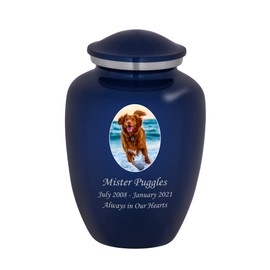 Mainely Urns Homage Medium Custom Photo Pet Cremation Urn for Pet Ashes - Vase Style Pet Urn - 80 Cubic Inch Capacity - Personalization Included (Sapphire Blue)