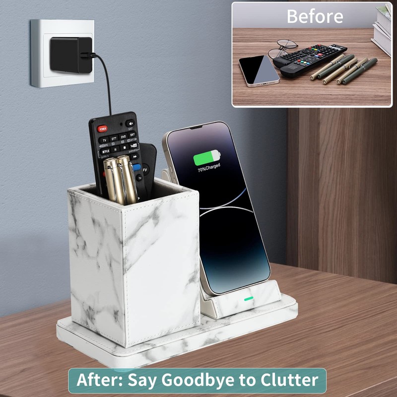 LADSTAG Pen Holder Desk Organiser with Inductive Charging Station (Marble)