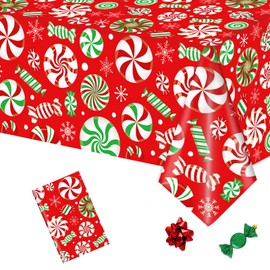 POPOYU Christmas Tablecloth,137x274cm Large Xmas Lollipop Red Table Cloth,Rectangle Waterproof Plastic Party Table Cover for Christmas Party Dinner,Winter Holiday,Christmas Table Decorations