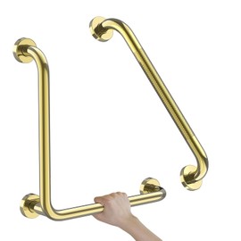 Polished Gold L-Shaped Grab Bar 16x16 Inch + Knurled Shower Grab Rail 20 Inch, Zepolu Stainless Steel Angled Toilet Safety Bar, Bathroom Mobility Aid Handrail, Balance Support Assist Bar for Senior