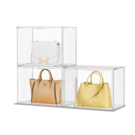 Purse Organizer for Closet, Clear Acrylic Display Case for Handbag Organizer, Stackable Purse Storage Box with Magnetic Door, Plastic Holder Containers for Book, Collectibles, Cosmetic 3 Pack