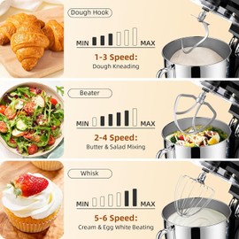 Babroun Dough Mixer 8.45 QT Electric Mixer - 660W 6 Speed Large Capacity Kitchen Stand Mixer with Whisk Dough Hook Mixing Beater Household Food Mixer for Baking Cakes Cookie Bread Salad(Black)