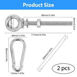 Pack of 2 eye bolts, M8 x 80 mm, eyelet screw, eye bolts with washers and hexagonal nuts, eye bolts, with 2 pieces carabiner hooks and 2 pieces of wire rope, for attaching and hanging