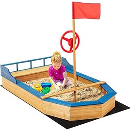 HONEY JOY Pirate Ship Kids Sandbox, Wooden Bottomless Sand Boat with Liner, Sand Pit Play Station w/Realistic Flag & Steering Wheel, Storage Bench Seat w/Backrest, Outdoor Sand Boxes for Kids Backyard