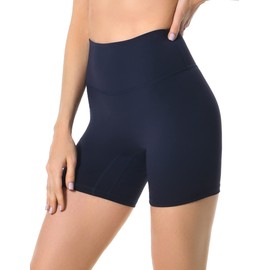 YUNOGA - Pantalones cortos deportivos de cintura alta para mujer, con entrepierna de 6 pulgadas, sin costuras frontales, pantalones cortos de yoga, marino, XS