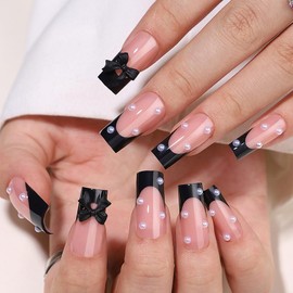 WAFOLOZE Black French Tip Press On Nails - Long Press On Nails Square Fake Nails with Black Bow and Small Pearls, Artificial Nails 16 Sizes - 32Pcs False Nails Tips Kit, Stick On Nails for Women