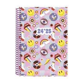 Miquelrius - School Diary 24-25, September 2024 to June 2025, Size 150 x 213 mm, Week View, Pink Plastic Spiral, Lined Cardboard Cover, Rubber Closure, Spanish and English, Disc